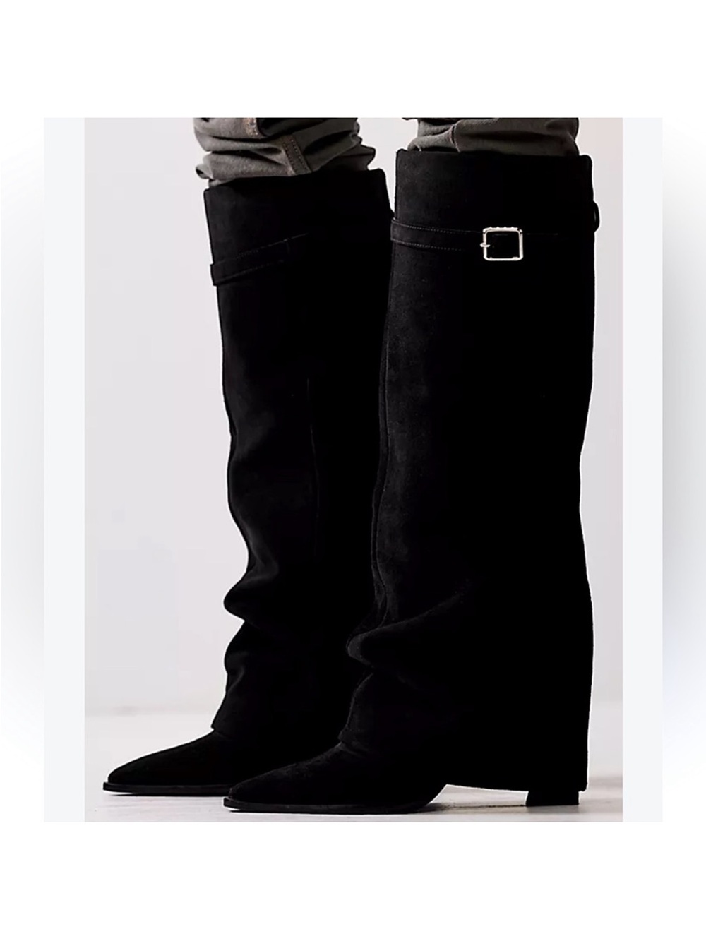 NOTE 7.5 & 8 Free People Felicity Fold Over Shark Boots Black Suede heels buckle